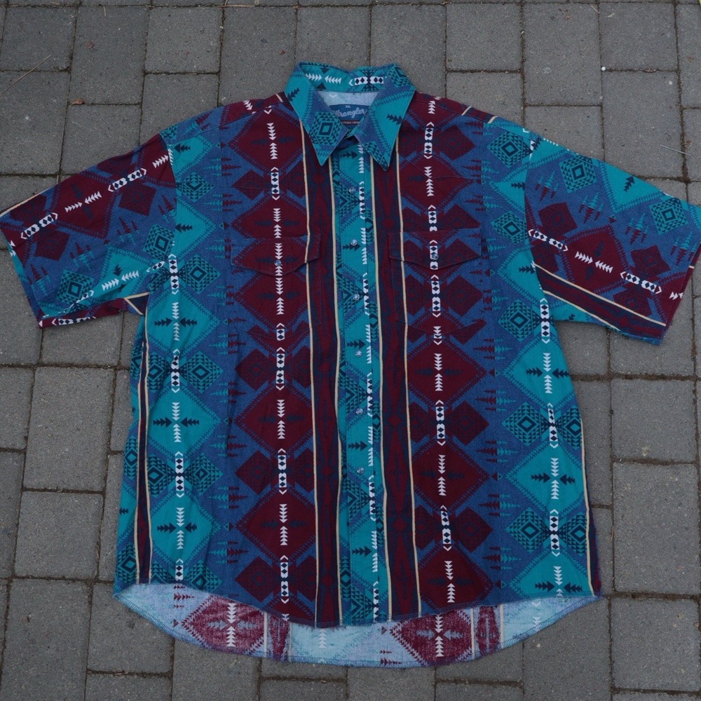 90s Vintage Wrangler Western Shirt Mens XXL Blue Aztec Southwestern Pearl Snap